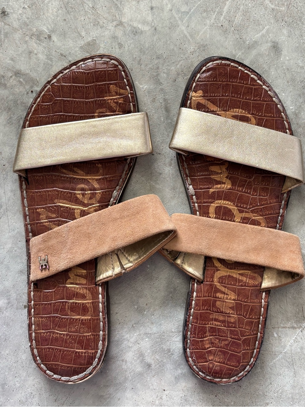 Sam Edelman Brown and Gold Leather Suede Slide Sandals